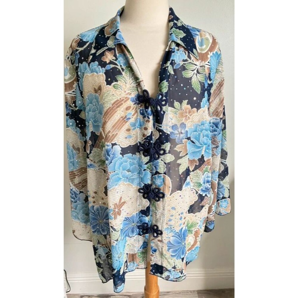 Dressbarn Woman Floral Sheer Blouse 22/24 Plus Size Rhinestone Asian Boho
